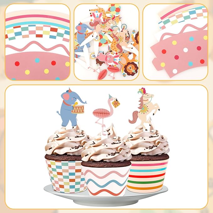 48 Pack Circus Animal Cupcake Toppers and Wrappers, Carnival Party Cake Decoration for Animal Theme Birthday Party Baby Shower Supplies