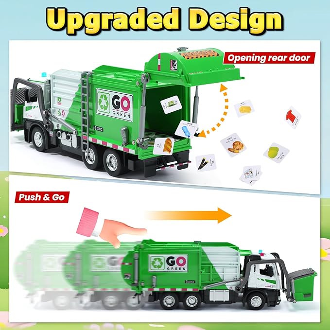 HOLYFUN 12'' Electric Garbage Truck Set with Front Loader/Metal Cab, Friction-Powered Recycling Vehicle with Dumpster, 4 Trash Bins & Sorting Cards, Trash Truck Toy with Lights/Sounds for Kids