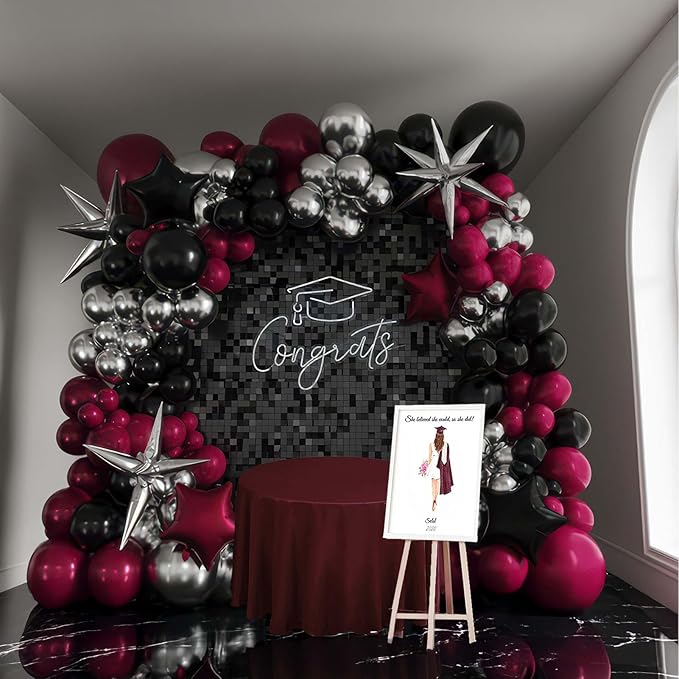 Black Maroon and Silver Balloon Garland Arch Kit 160+ Pieces with Maroon and Silver Stars for 2026 Graduation Class Decorations Birthday Party Retirement Prom Masquerade Anniversary Decorations