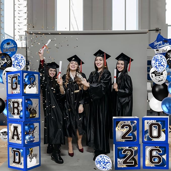 Graduation Decorations Class of 2026 - Blue Graduation Decorations - Balloons Boxes with Letters 2026 GRAD So Proud of You, Congrats Grad Party Decorations for Any Grades