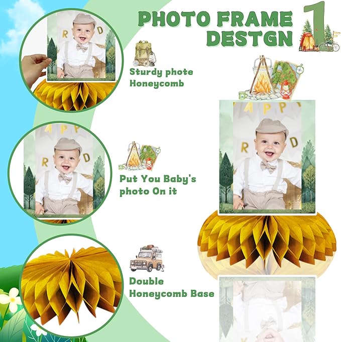 One Camper Birthday Decorations, 8pcs Camping 1st Birthday Photo Table Honeycomb Centerpiece for Camping Camper Campfire Theme One Year Old Birthday Party Supplise