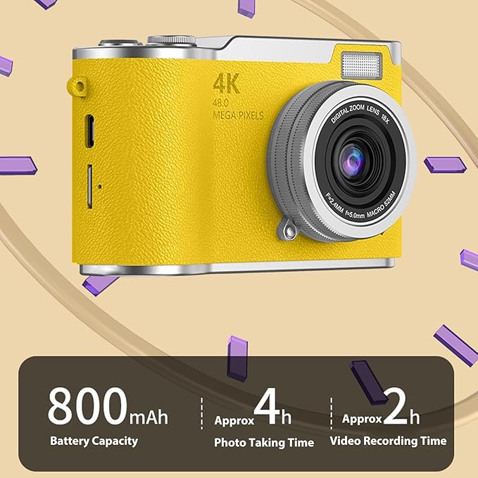 Denash Foldable Screen Kids and Beginners Camera,4K Digital Camera for Photography,48MP Digital Foldable Support 16X Zoom with Flip Scree (Yellow)