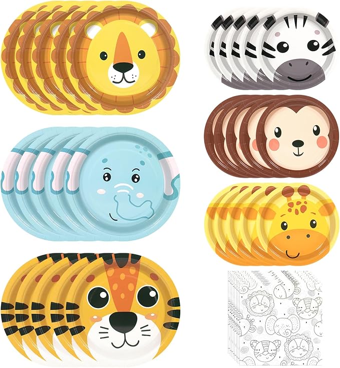 180Pcs Jungle Wild Animal Paper Plates Party Supplies Zoo Animal Paper Plates and Napkins Serve 60 Disposable Tableware Set for Birthday Party Decorations Game Day Family Holiday Sports Events