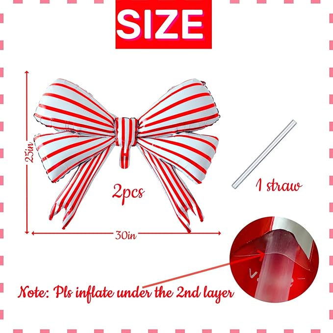 2 pcs Big Bow Balloons Red Strips 30 inch, Bow Party Balloons Decorations for Girls Birthday Mouse Themed Baby Shower Wedding Christmas Party Décor Supplies Favors