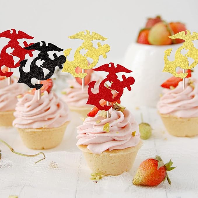 24 Pack Military Themed Cupcake Toppers Navy Bound Cupcake Picks Navy Bound Themed Cupcake Decorations Welcome Ceremony Army Birthday Party Cake Decorations Supplies Red Gold Black