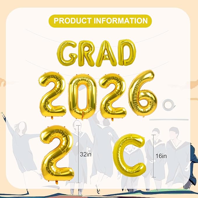 TONIFUL Graduation Balloons 16 Inch Gold Grad Balloons 40 Inch Gold Large Number 2026 Foil Balloons for 2026 Graduation Party Graduate Congratulations 2026 Congrats Grad Decorations