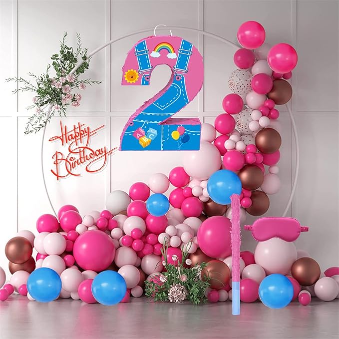 Pink Party Decorations,15.7‘’ Pink Number 2 Pinata with Stick Blindfold Confetti for Girls Boys 2nd Anniversary Party Decorations & Supplies (2nd)
