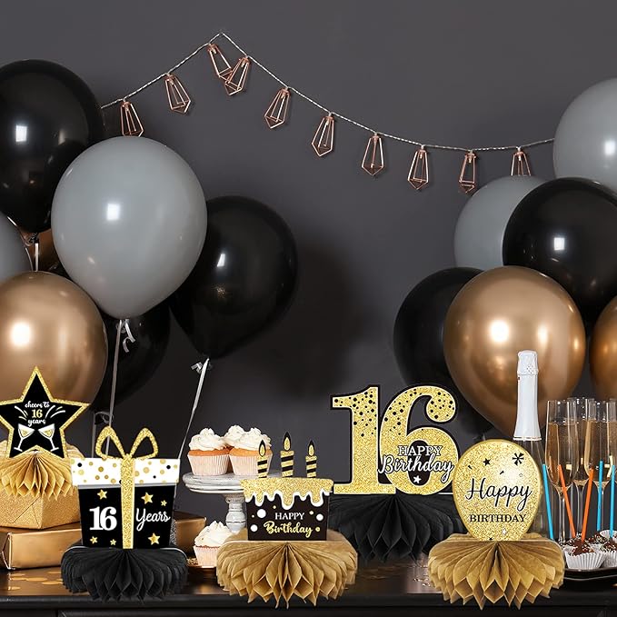 9 Pieces 16th Birthday Decoration for Boys Black Gold 16th Birthday Tables Decor Honeycomb Centerpieces Cheers to 16 Years Table Topper for Boys Girls Sixteen Years Birthday Party Supplies (16th)