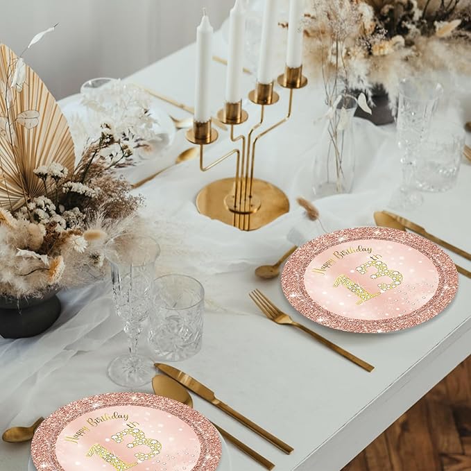 40PCS 13th Birthday Decorations for Girls Rose Gold Sweet 13 Birthday Decorations Disposable Tableware Include 13th Birthday Plates and Napkins for Official Teenager 13th Birthday Gifts