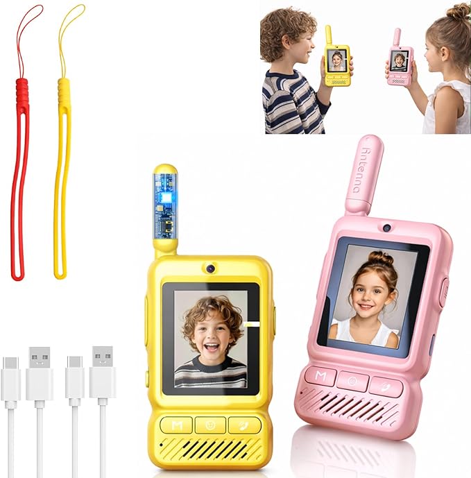 Kids Video Walkie Talkies 2 Pack, Rechargeable Long Range Two-Way Radios with Camera for Boys & Girls Age 3-12 (Yellow/Pink)