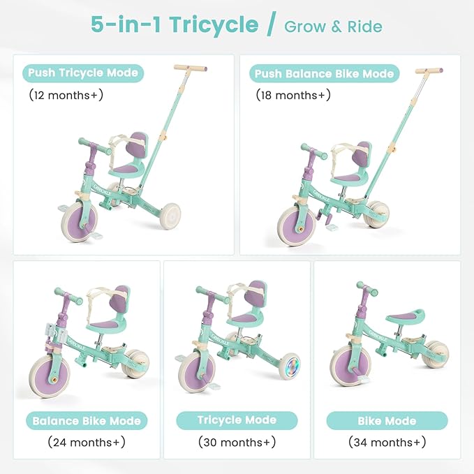 5-in-1 Tricycle for Toddlers 1-3, Convertible Toddler Bike with Push Handle & Removable Pedals, Balance Bike with Colorful Lighting Wheels, Adjustable Seat Height with Backrest(Green-Purple)