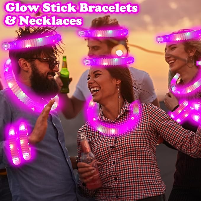 24 PCS Pink Glow Sticks Party Favors for Kids,LED Light up Pop Tubes for Toddlers, Neon Necklaces Bracelets Accessories,Glow Birthday Dance Wedding Easter Mardi Gras Parade Throws Party Supplies Decor