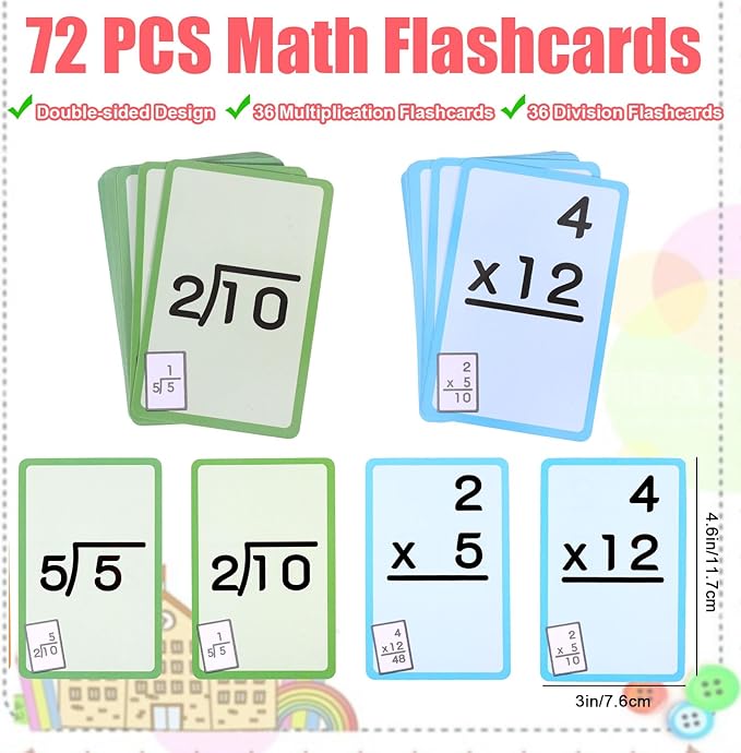 72 Pcs Math Flash Cards, Multiplication and Division Flash Cards for Studying, Math Manipulatives for Kindergarten Elementary Homeschool Classroom, Learning & Education Math Games for Kids Ages 4-12