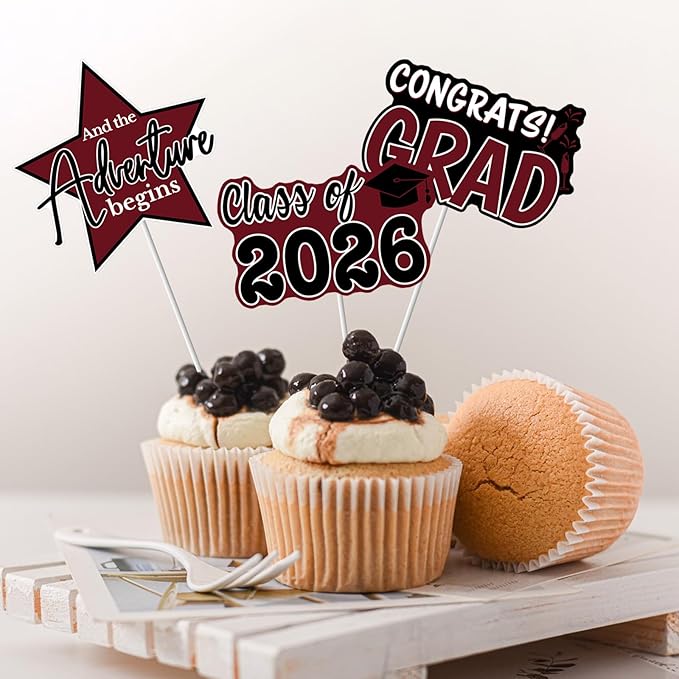 2026 Graduation Cupcake Toppers - 48 Pcs Maroon Graduation Party Supplies Mini Cake Food/Appetizer Picks For Class of 2026 Graduation Decorations