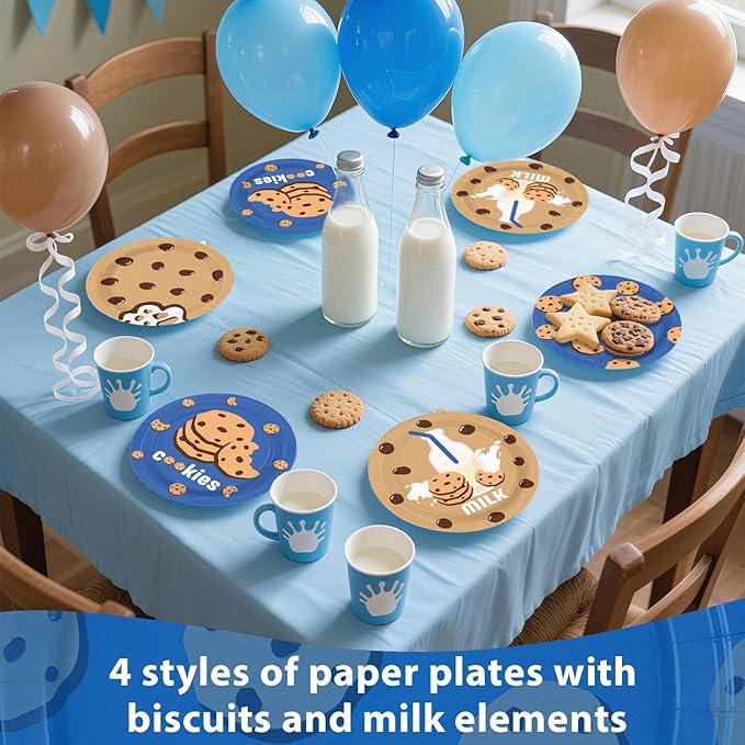 60 Pcs Milk and Cookies Birthday Party Plates 7" Disposable Chocolate Chip Cookie and Milk Dessert Plates Blue Brown Milk Cookies Theme Paper Platters for Kids Birthday Baby Shower Party Decorations