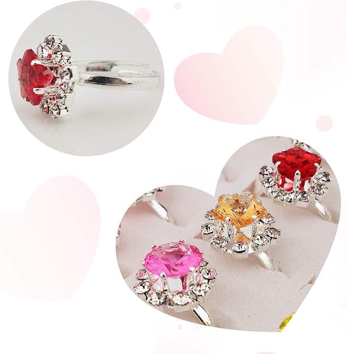 36pcs Little Girl Adjustable Rhinestone Gem Rings Set with Heart Shape Display Case, Jewelry Rings for Kids Pretend Play and Dress Up