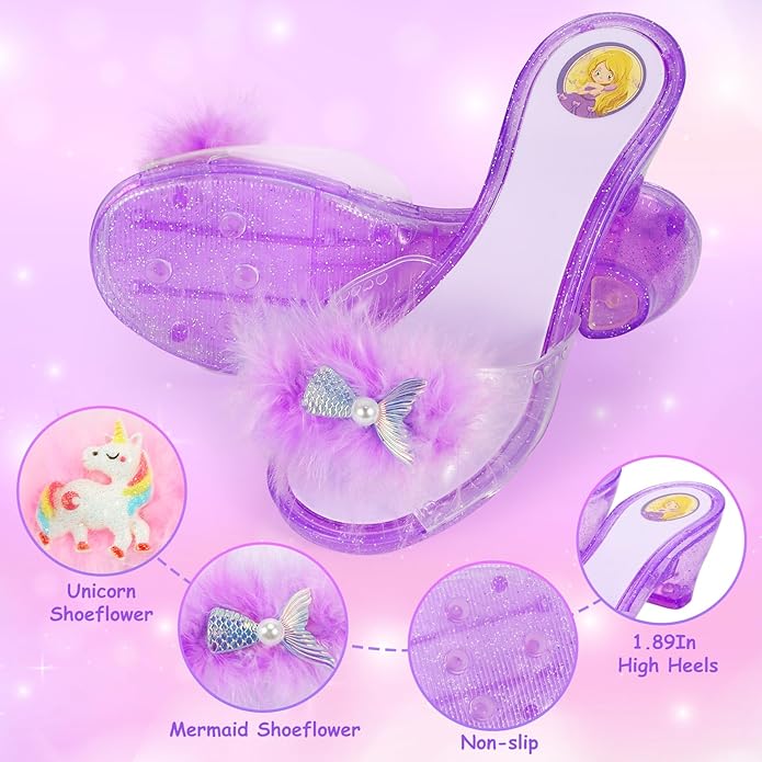 Princess Dress Up Shoes, Toddler Dress up Set, Pretend Play Princess Shoes Set with Crown Earrings Necklaces Ring Role Play Toys for Girls Aged 3-6 Years Old Multicolor