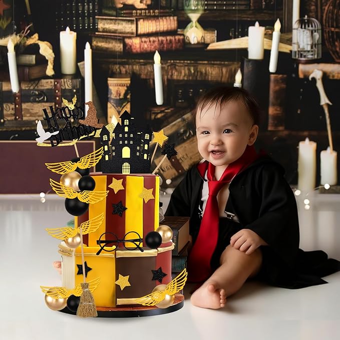 Wizard Cake Topper 26PCS Magical Wizard Themed Cake Decoration Black and Gold Ball Cupcake Cake Picks with Glasses Tie Wings Stars for Halloween Birthday Magical School Party Supplies
