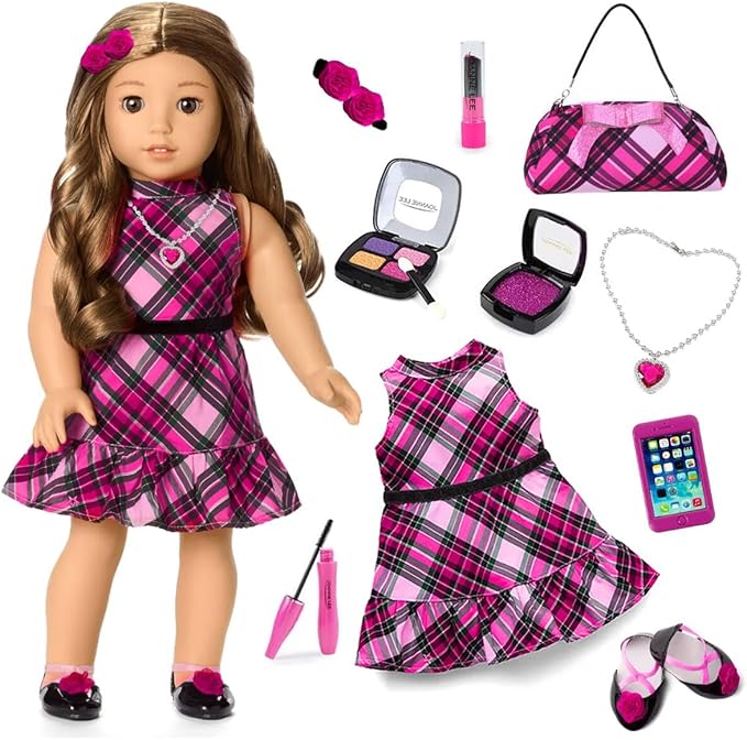 American 18 Inch Dolls Makeup Accessories and Clothes,Fashion Dress Tote Bag for 18" Doll Include Outfits Shoes Cosmetic Toys Stuff Gift for Baby Girl (No Doll)