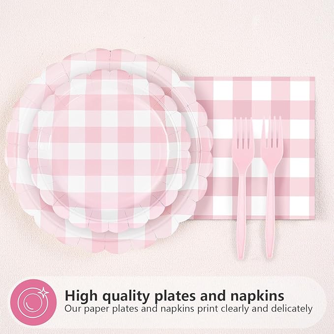 96Pcs Pink Birthday Party Decorations for Girls Light Pink & White Scalloped Checkered Plaid Plates and Napkins Tableware Sets for Kids Baby Shower BBQ Pastel Theme Party Supplies Serves 24
