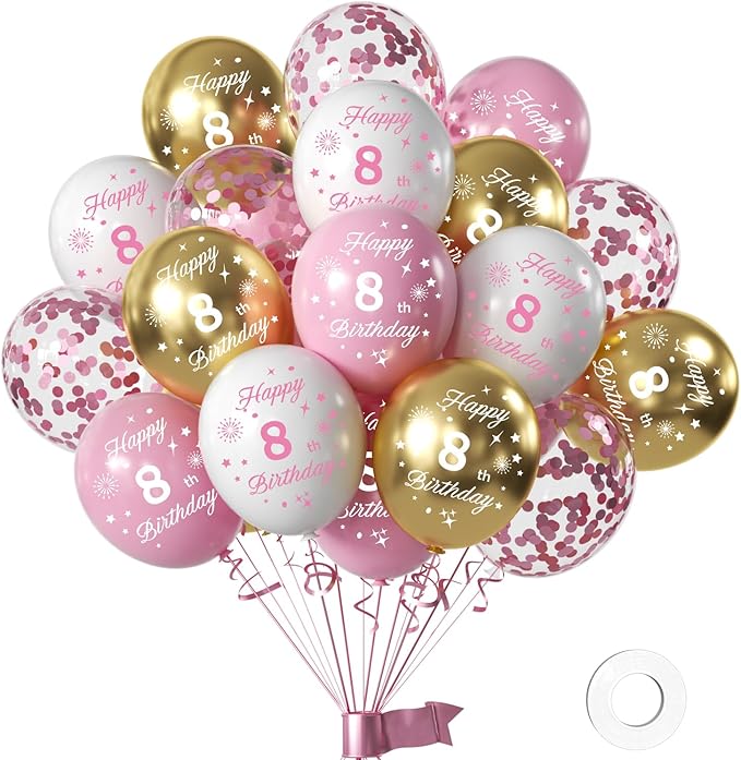 Pink 8th Birthday Balloons for Girls - 16pcs Pink & Gold Happy 8th Birthday Balloons, Princess Theme Party Decorations