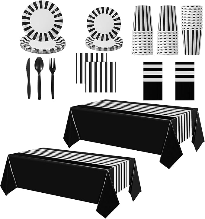 154 Pcs Black and White Party Supplies Black and White Disposable Dinnerware Set Tablecloth Stripe Table Cover Plates Cups Napkins, Knives Forks Spoons Birthday Wedding Decoration