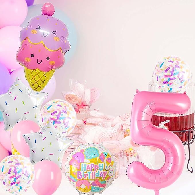 Pink Ice Cream Balloons, 5 Balloon Number, 5th Birthday Decorations Girl, Ice Cream Balloon for Girls Birthday Party Decoration (5)