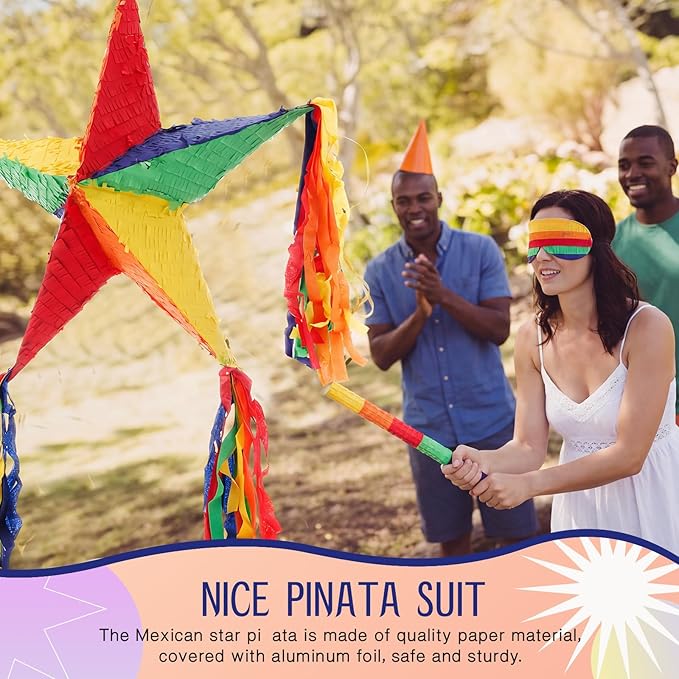 Hanaive Foil Star Piñata with Blindfold and Bat for Birthday Foldable Star Shape Piñata with Stick Festive Fiesta Party Supplies Favors for Mexican Party(Multicolor)