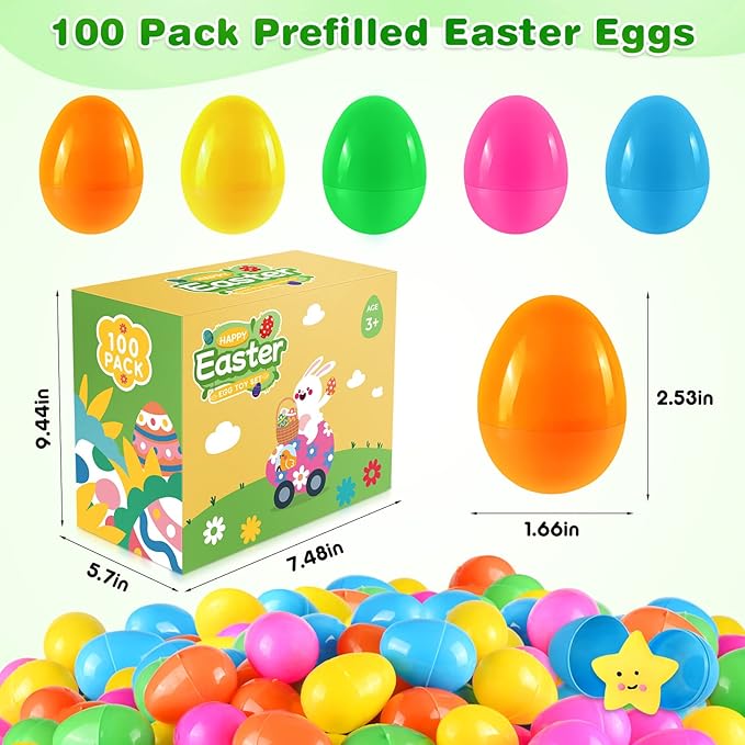 100 Pack Prefilled Easter Eggs with Assorted Toys, Bright Colorful Easter Eggs for Easter Basket Stuffers/Fillers, Easter Eggs Hunt, Classroom Prize Supplies, Party Favors Bulk for Kids