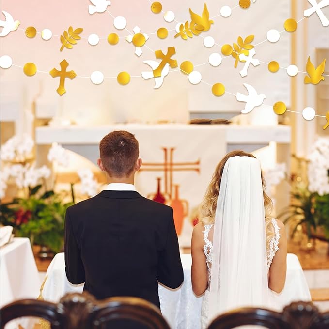 Frienda 8 Pcs Baptism Cross and Dove Garland Banner Christening God Bless Hanging Banners Decoration First Holy Communion Baby Shower Garlands Gold and White Christain Wedding Birthday Party Supplies