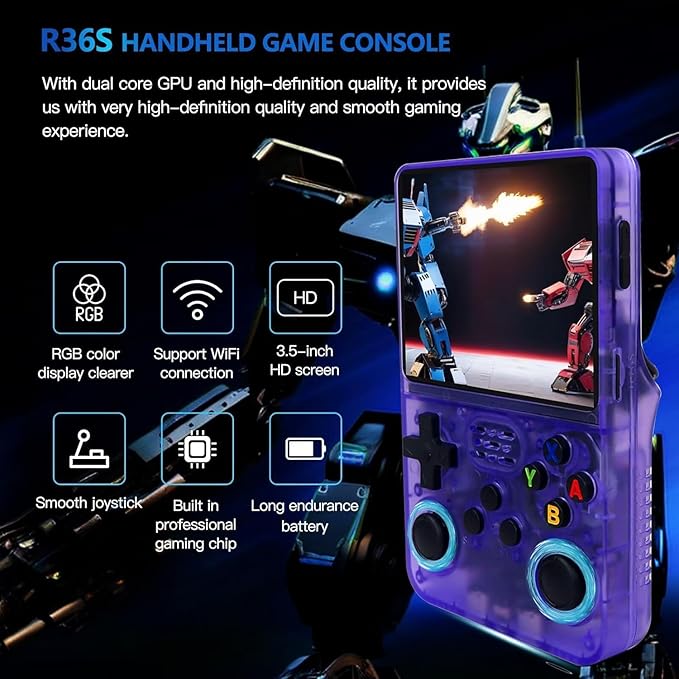 R36S Retro Handheld Game Console 128GB – 20,000+ Games, 3.5” HD IPS Screen, Portable Arcade Gaming System, 4000mAh Battery, Dual Joystick, Expandable Storage Retro Video Game Console (Skeleton Purple)
