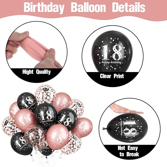 Rose Gold Black 18th Birthday Decorations for Girls, 15Pcs Happy 18th Birthday Helium Latex Balloons, Black Rose Gold Confetti 18th Balloons for Girls Age 18 Years Old Birthday Party Decor Supplies