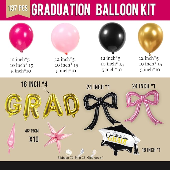 Pink and Black Balloon Garland Arch Kit Include Bow balloons grad letter balloons for 2025 Graduation Birthday Wedding Baby Shower Anniversary Bachelorette Bridal Party Decorations