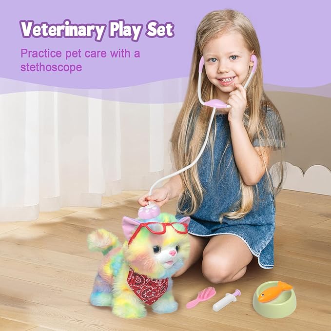 YH YUHUNG Walking Robot Cat Toy for Kids 3+, Remote Leash Controller — Rainbow Plush Kitty That Walks, Meows & Wags Tail, Vet Playset Accessories, Soft Fur, Battery-Powered