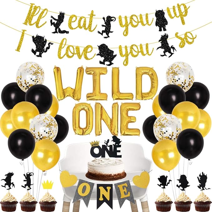 JOYMEMO Wild One Birthday Party Decorations Set, Black Gold Wild One Balloons, I'll Eat You Up I Love You So Banner, Cake Toppers for Boys 1st Birthday Party Supplies