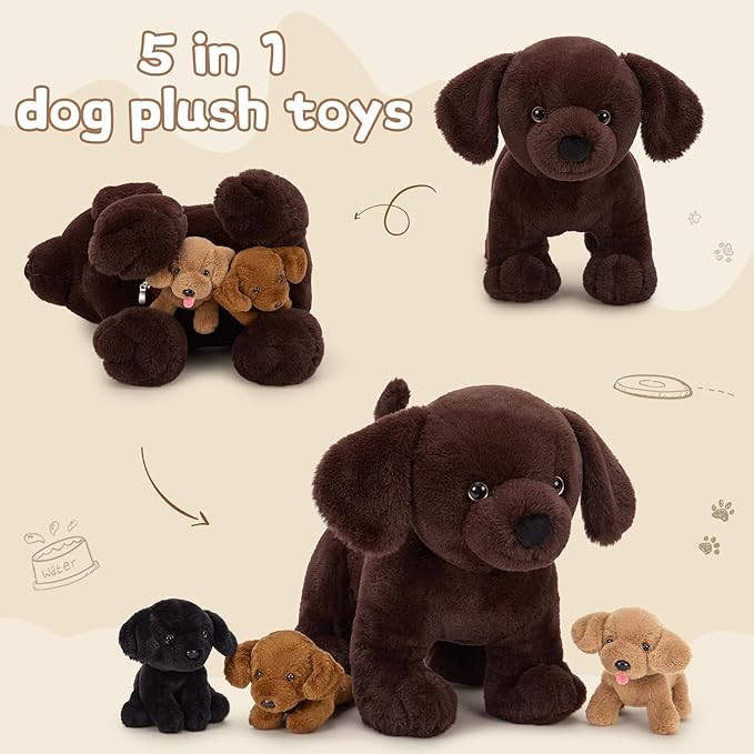 4Pcs Lab Stuffed Animals - 16" Huggable Chocolate Mama Labrador Dog with 3 Hidden Puppies (Black/Yellow/Dark Brown) - Plush Toys Gifts for Kids
