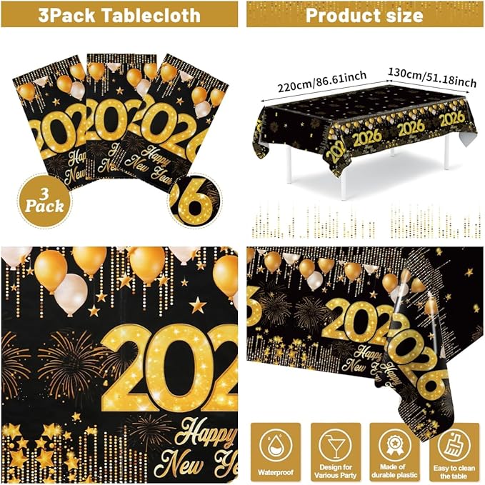 Staraise 3PCS New Years Tablecloths, Black and Gold Plastic Tablecloth Happy New Year Table Decorations Disposable Rectangular PE Table Cover for New Year's Eve Party Supplies 2026, 51.2X 86.6inch