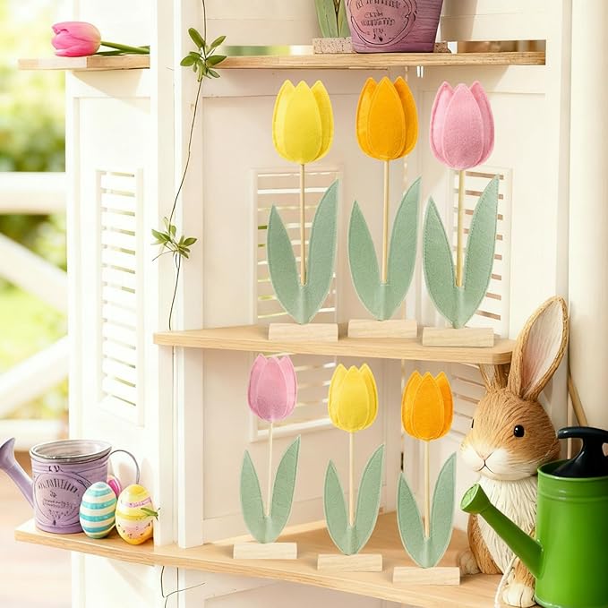 SUNBEAUTY 6Pcs Spring Tulips Flower Table Decoration Easter Tulip Felt Centerpiece Pink Yellow Orange Tulips Floral Tabletop Signs for Easter Garden Birthday Home Party Mothers Day Decor