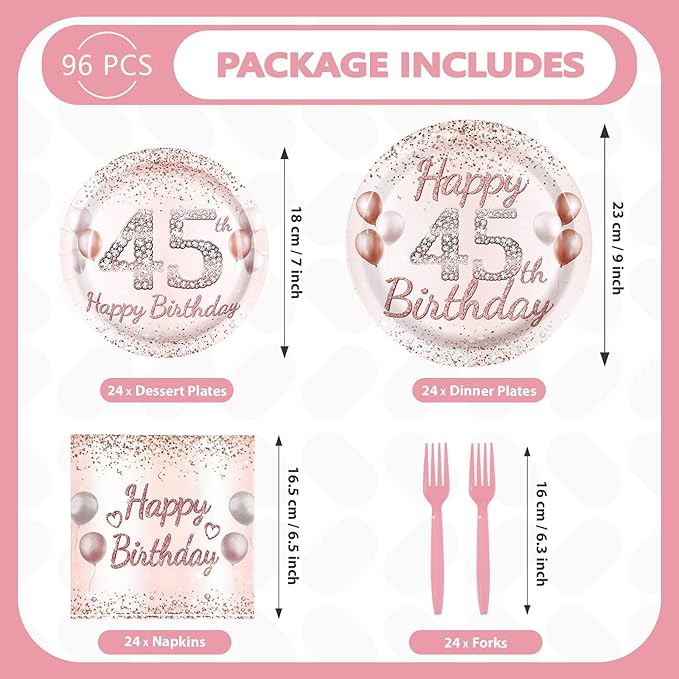 96Pcs 45th Birthday Party Decorations for Women Rose Gold 45th Birthday Paper Plates and Napkins Sets Pink Gold 45 Theme Decorations for Women Cheers to 45 Years Old Fabulous Party Supplies Serves 24
