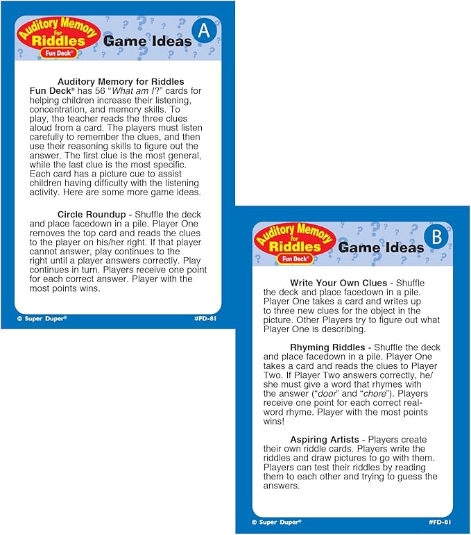 Super Duper Publications | Auditory Memory for Riddles Fun Deck | Listening Comprehension Flash Cards | Educational Learning Materials for Children