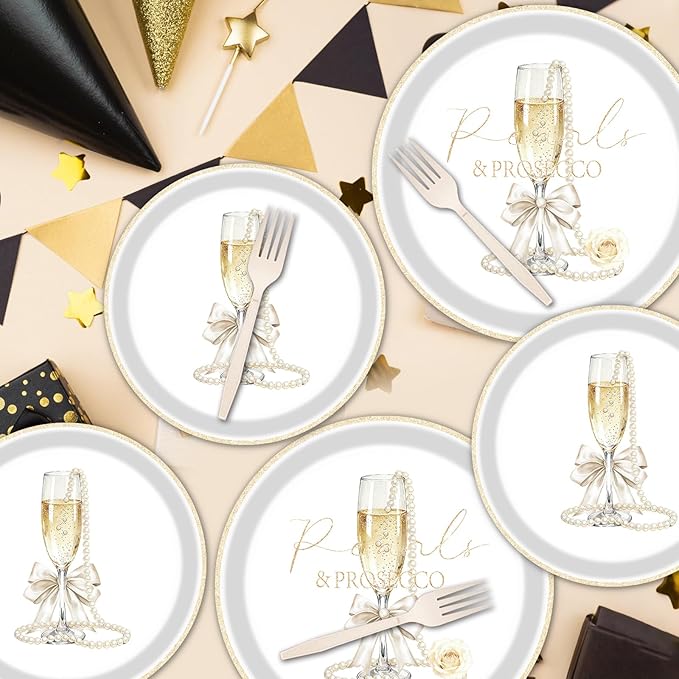 Rakuto Pearls and Prosecco Bridal Shower Decorations, 96PCS Pearls Bow Champagne Disposable Paper Plates Napkins Party Decorations, Bows Prosecco Wedding Bachelorette Bride to Be Decor, Serve 24