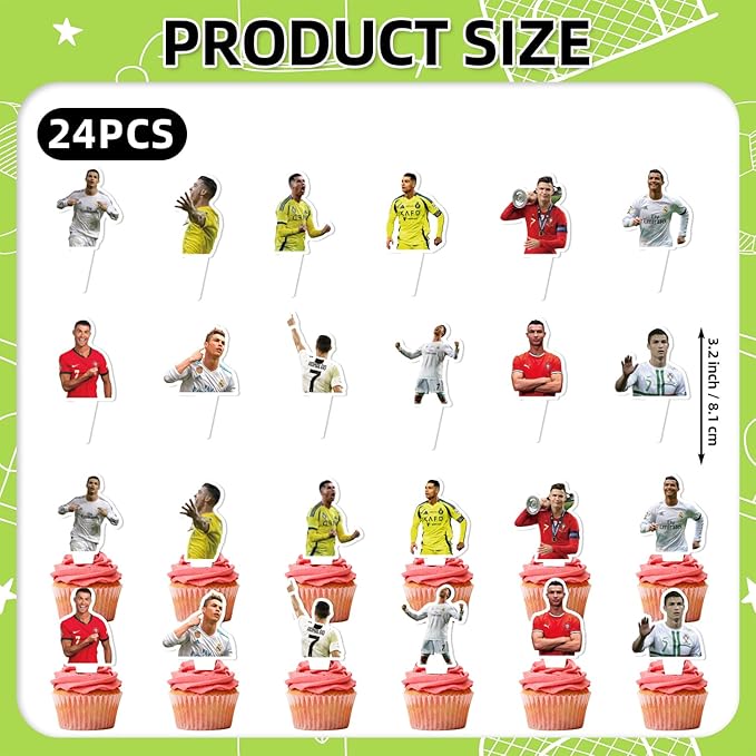 25Pcs Soccer Ronaldo Birthday Party Supplies Pack Includes 1 Cake Topper 24 Cupcake Toppers for Soccer Ronaldo Party Supplies