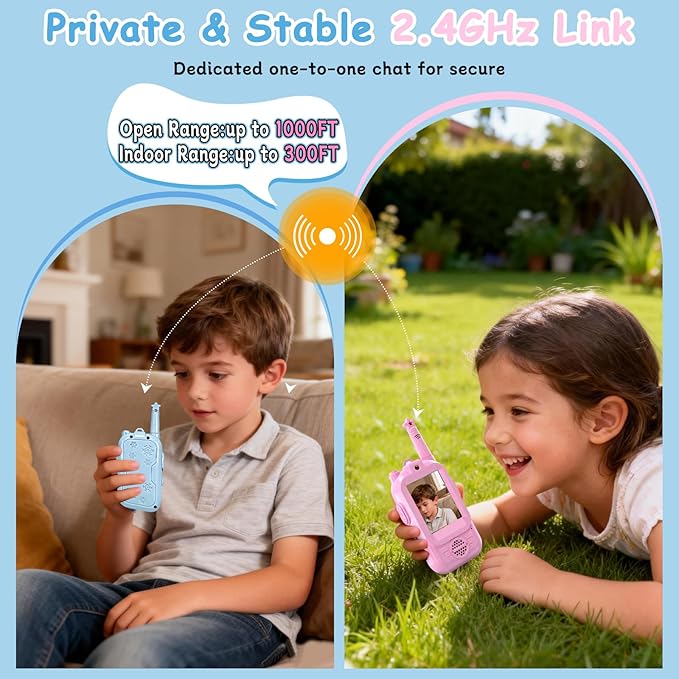 Video walkie talkies for Kids, 2 Pack with Private Chat Function & Rechargeable Kids Walkie Talkies, HD Camera & Voice Video Intercom for Indoor Outdoor, Camping for Boy Girls 3-14