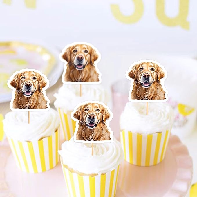 Ercadio 24 Pcs Pet Dog Puppy Cupcake Toppers Dog Themed Birthday Party Supplies Cute Golden Retriever Puppy Birthday Party Baby Shower Party Cake Decorations