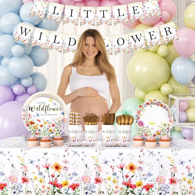218Pcs Wildflower Baby Shower Decorations for Girls, Wildflower Party Decorations Include Plates Cup Napkin Tablecloth Tableware Banner Cupcake Topper Wildflower Baby in Bloom Party Supplies