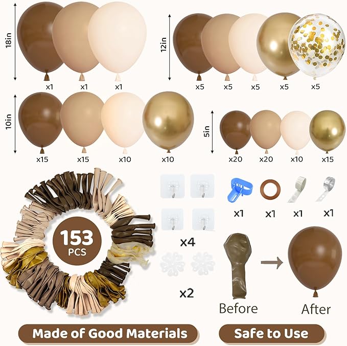 Amandir 153pcs Brown Balloon Garland Arch Kit, Different Sizes 18 12 10 5 inch Brown Nude Latex Metallic Confetti Gold Balloons for Neutral Bear Baby Shower Safari Birthday Party Decorations Supplies