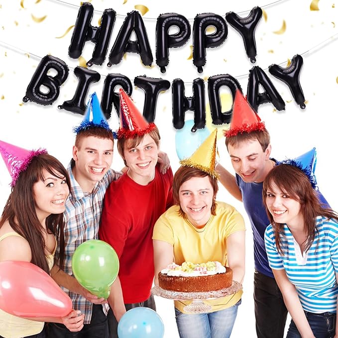 Black Happy Birthday Balloons Banner, 16 Inch Mylar Foil Letters Happy Birthday Sign Bunting Inflatable Reusable 3D Hanging Letter Kit Set for Girls Boys Kids Adults Birthday Decorations