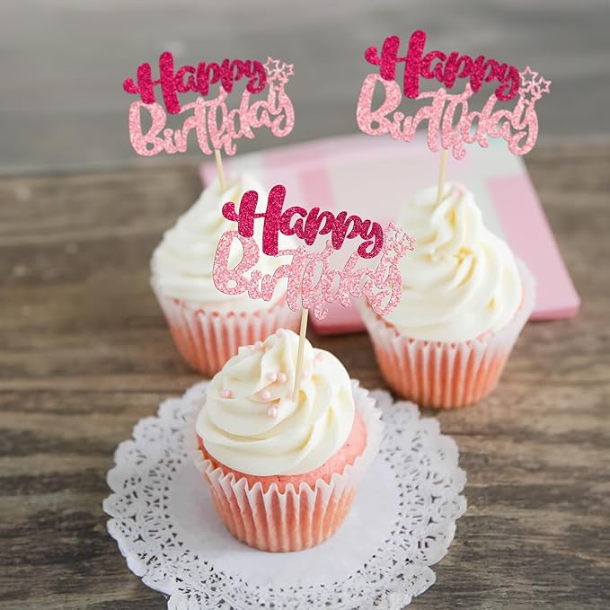 Ephlyn 24Pcs Happy Birthday Cupcake Toppers Double Layer Glitter Happy Birthday Cake Decorations for Celebrating Baby Shower Theme Kids Boys Girls Birthday Anniversary Party Supplies Rose Red Pink