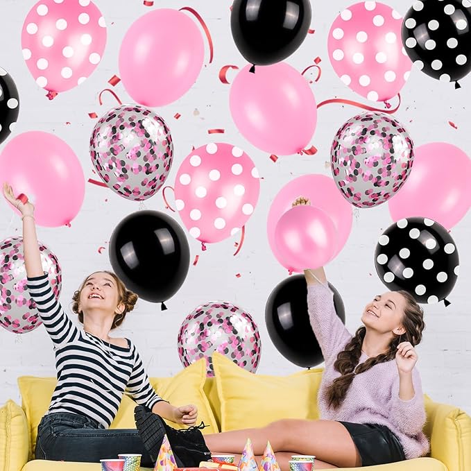 Pink and Black Balloons Set, 12 Inch Black Dots Birthday Balloon, Pink Latex Ballons Confetti Helium Balloons for Girls Theme Birthday Bridal Party Supplies