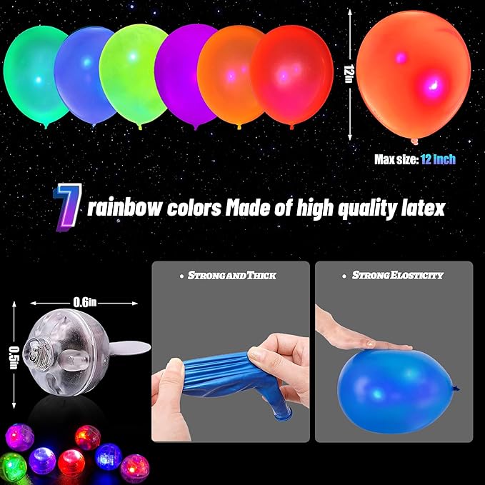 100pcs LED Glow Balloons Set Includes 50 PCS LED Round Mini Balloon Lights and 50 PCS UV Neon Balloons Glow in the Dark for Birthday Decorations Wedding Decoration Supplies